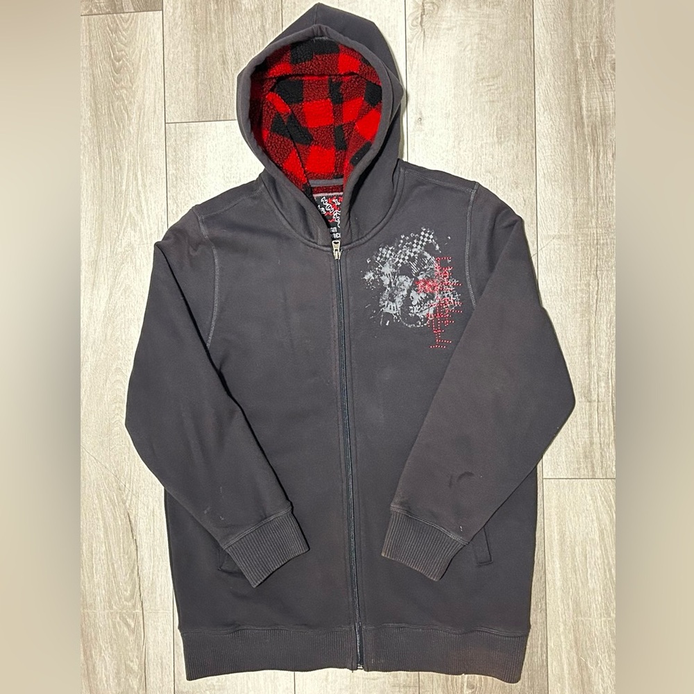 Y2K Plaid Fur Lined Hooded Zip Up Hoodie With Skull Design On Chest XL